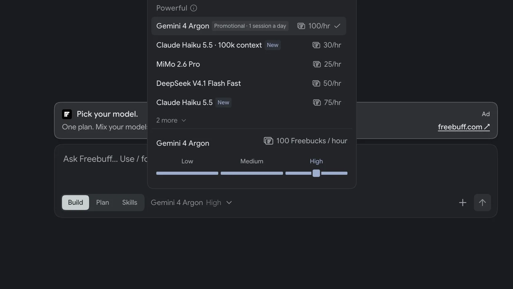 Freebuff model picker showing Gemini 4 Argon with one promotional session a day at 100 Freebucks per hour
