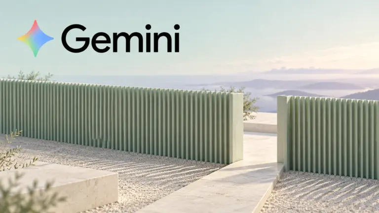 Gemini wordmark above a celadon architectural screen with a narrow passage and a distant pale horizon.