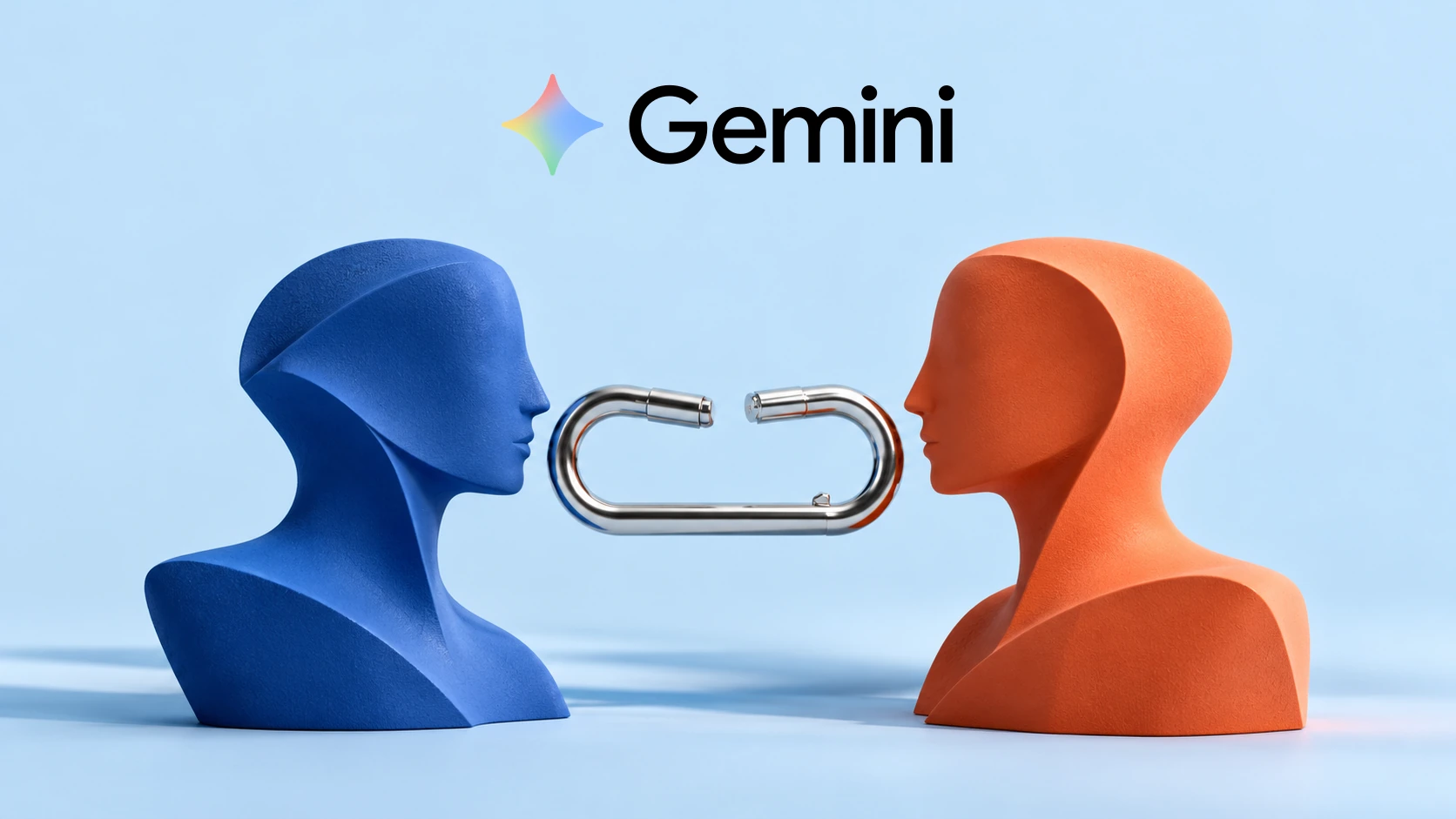 Gemini wordmark above blue and orange sculptural profiles with an open metal connector between them.