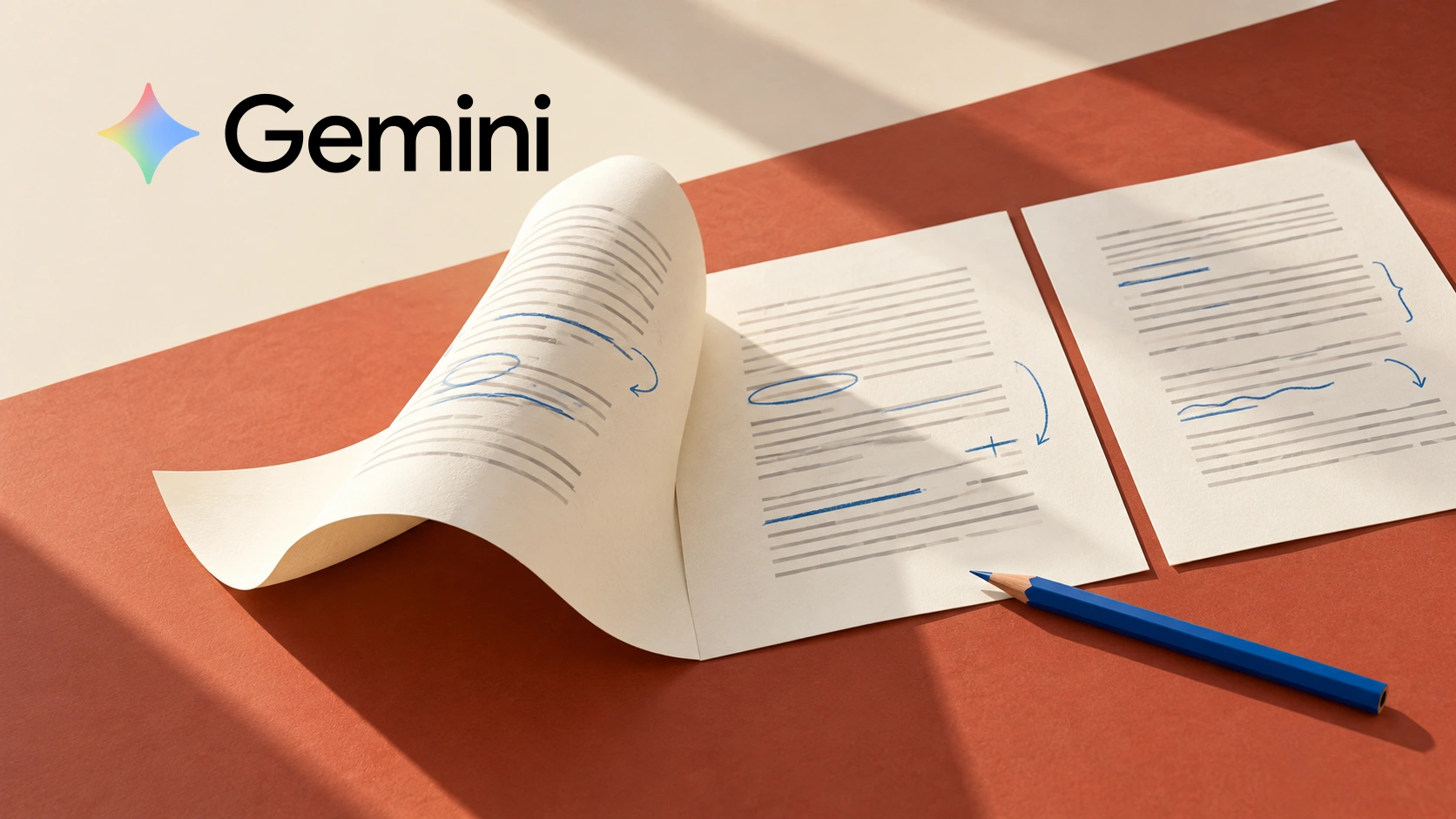 Gemini wordmark above unfolding annotated paper pages and a blue pencil on a terracotta surface.