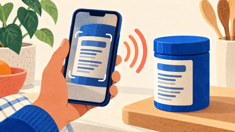 Conceptual illustration of a phone describing a household container through spoken visual assistance