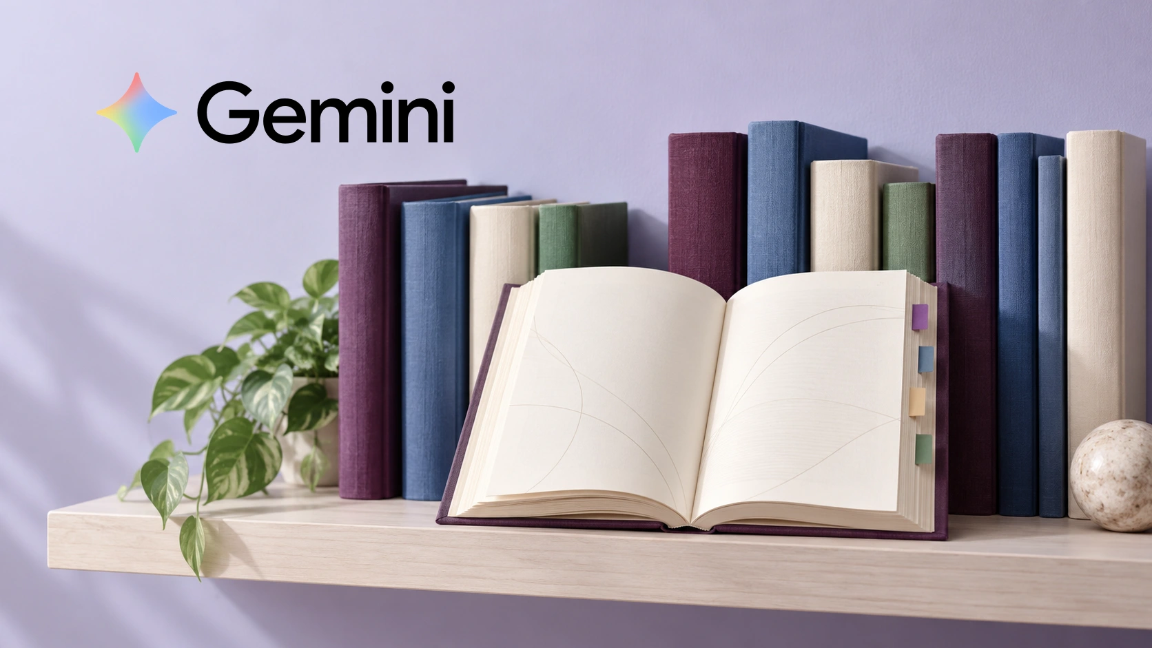 Gemini wordmark above an open tabbed textbook and clothbound books on a pale library shelf.