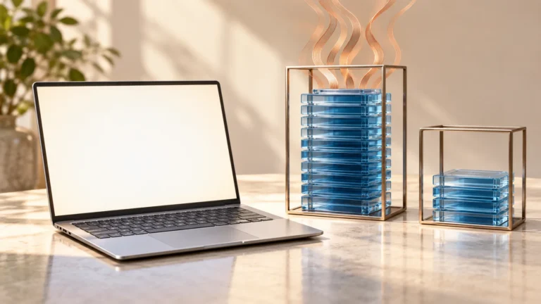 Unbranded laptop beside blue glass stacks in metal frames with copper heat ribbons above the taller stack