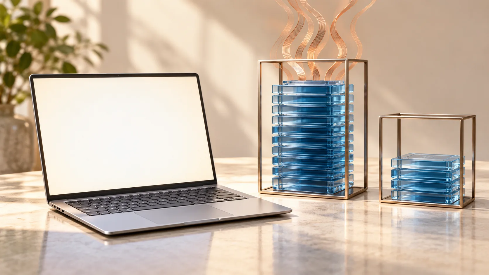 Unbranded laptop beside blue glass stacks in metal frames with copper heat ribbons above the taller stack