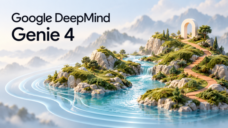 Google DeepMind wordmark and Genie 4 title above an illustrated river valley with flowing sound ripples.