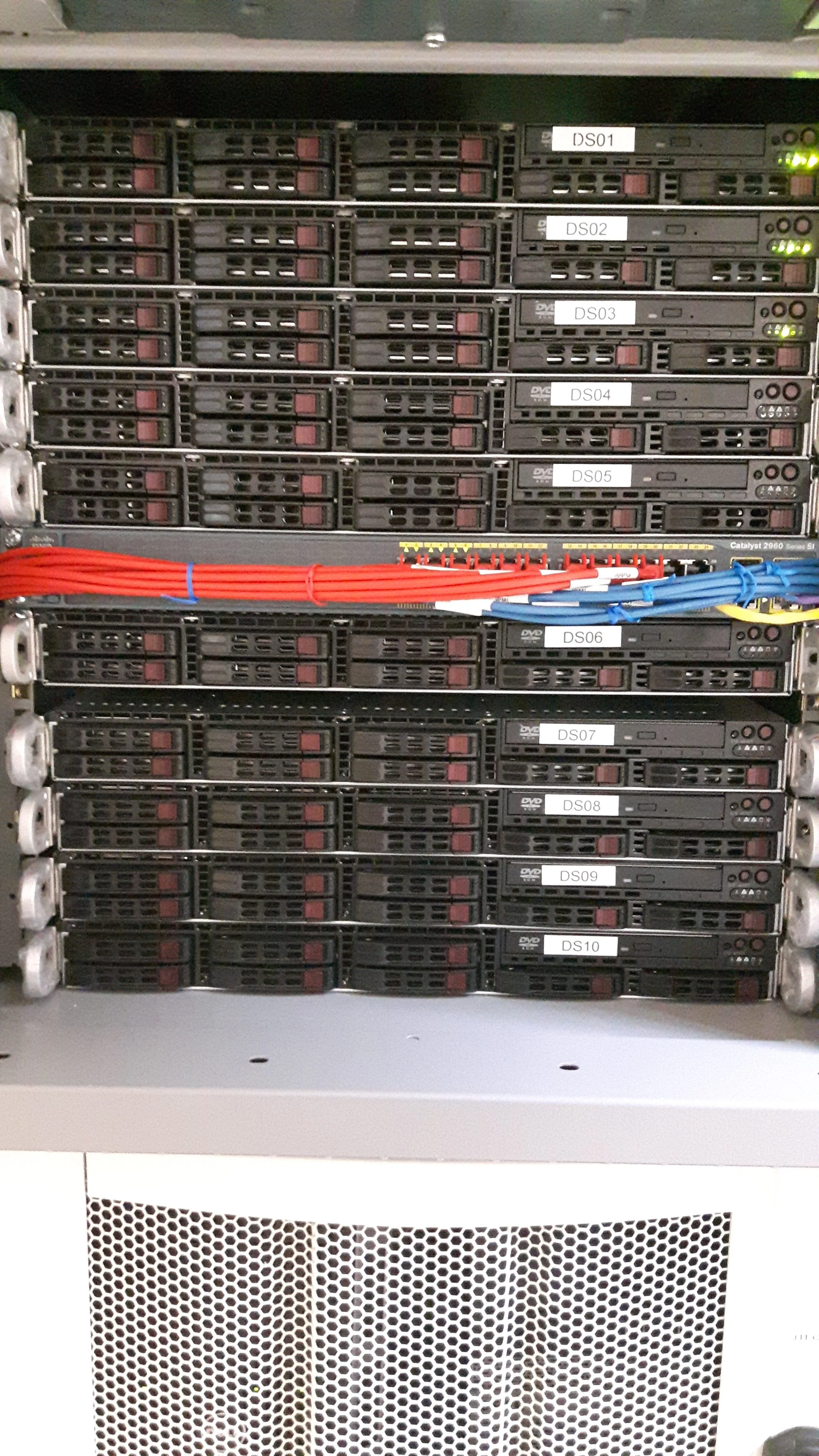 Server rack with black server units and red and blue network cables