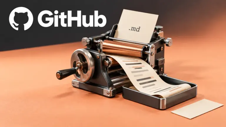GitHub wordmark beside a graphite and copper press with a .md sheet and a paper ribbon entering a tray.