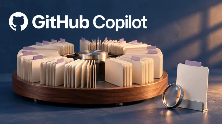 GitHub Copilot wordmark above a walnut carousel of ivory cards, with a separate card and magnifying lens on a blue surface.