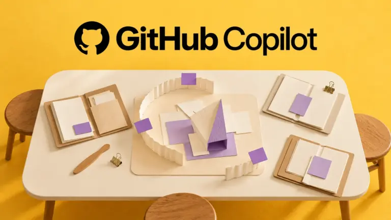 GitHub Copilot wordmark over a shared ivory worktable with project folders and a curved paper task strip.