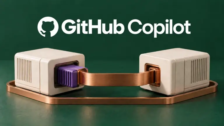 GitHub Copilot logo above two illustrated service modules joined by a copper connector on a forest-green surface.