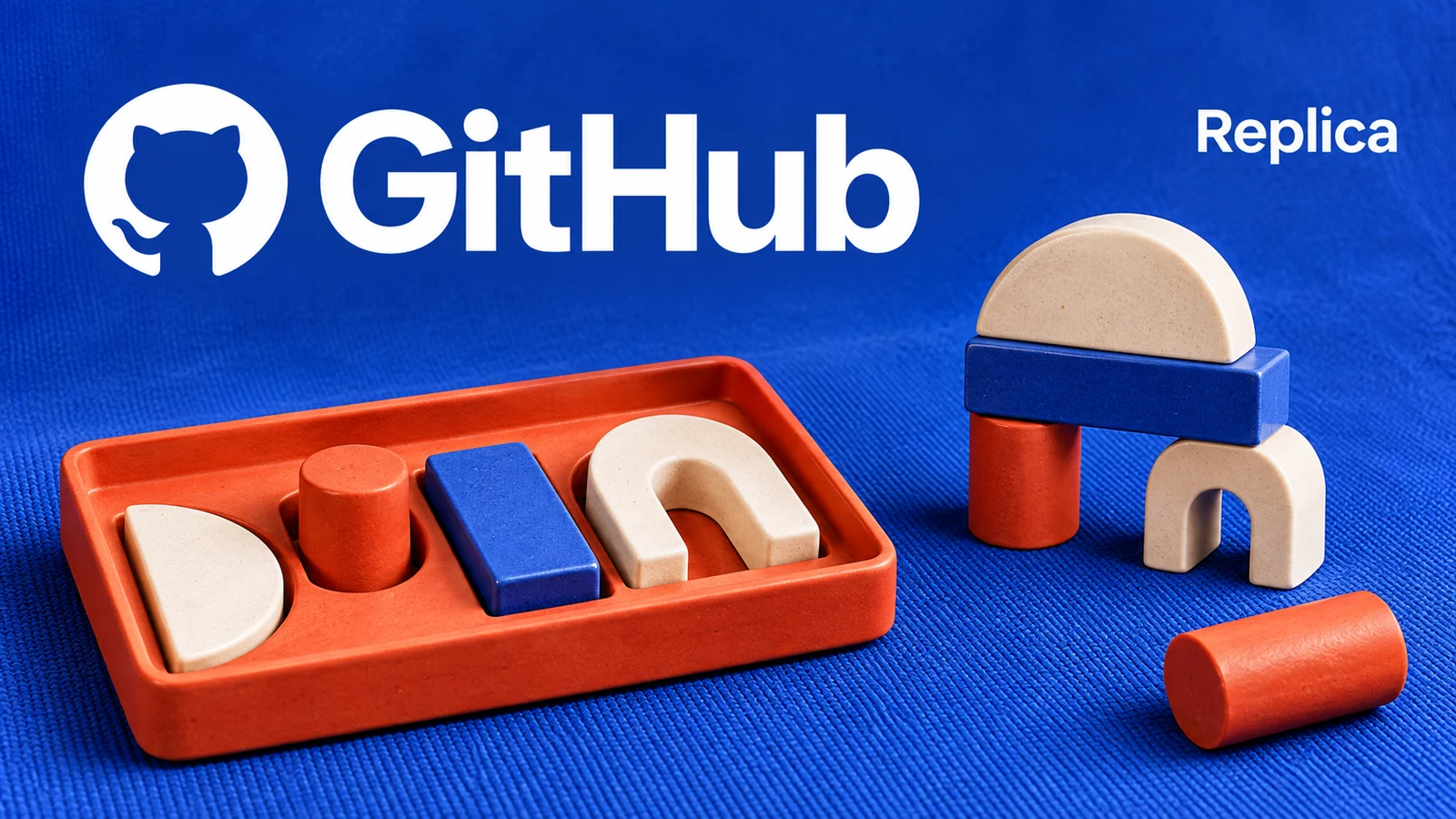 GitHub wordmark and Replica label above a vermilion tray of ceramic shapes and a matching sculpture on cobalt cloth.