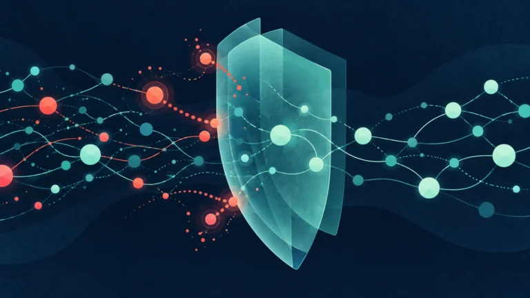 Abstract teal shield reviewing a network of AI signals with coral nodes on a dark blue background