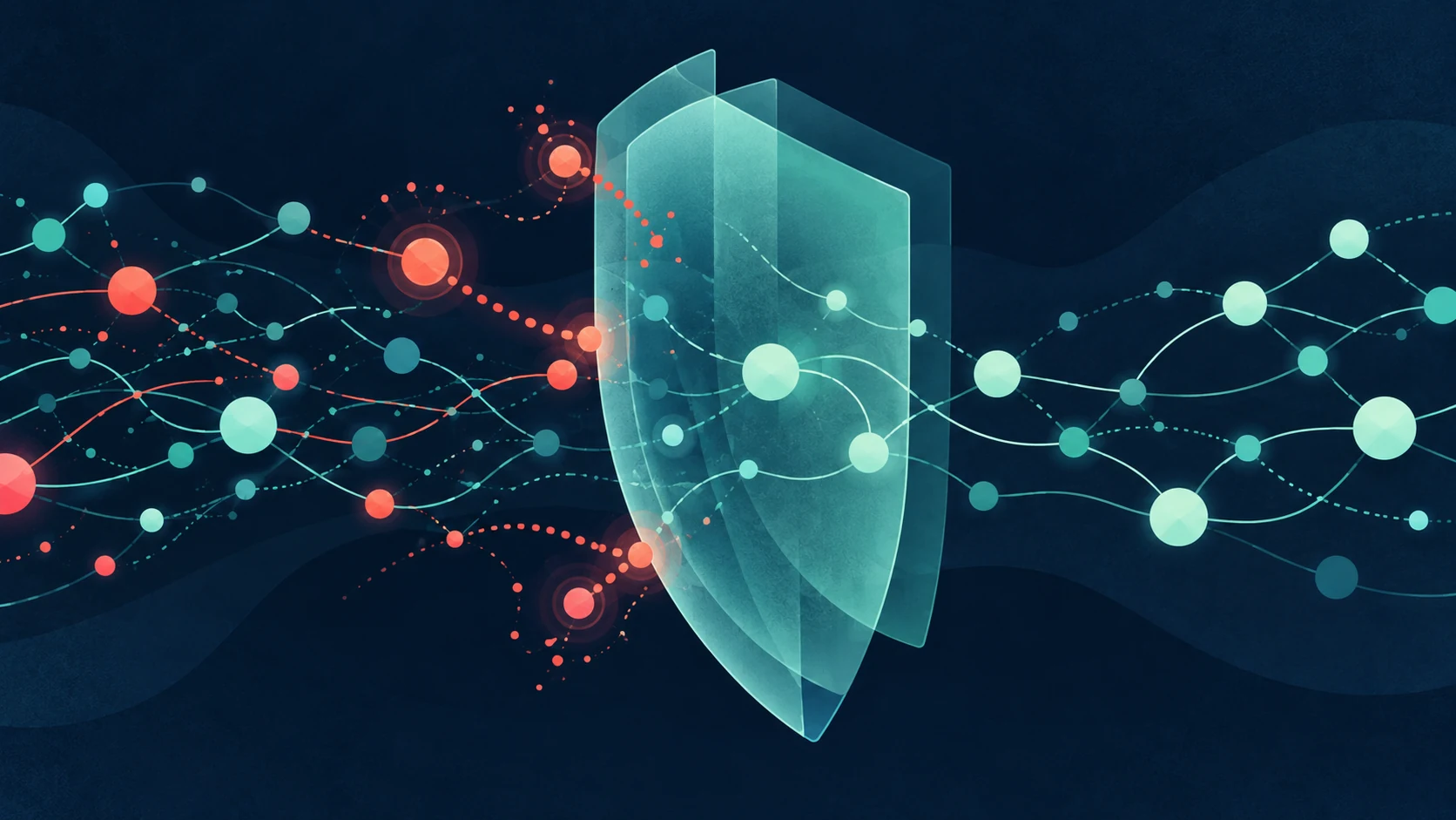 Abstract teal shield reviewing a network of AI signals with coral nodes on a dark blue background