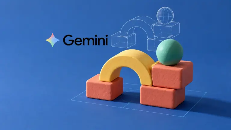 Gemini wordmark beside colorful tabletop blocks and a floating wireframe version of the same construction.