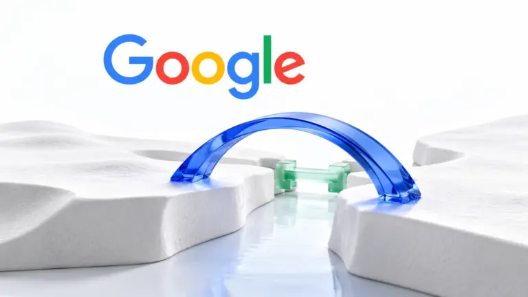 Google wordmark above a blue glass arch and a shorter mint glass link joining two white forms.