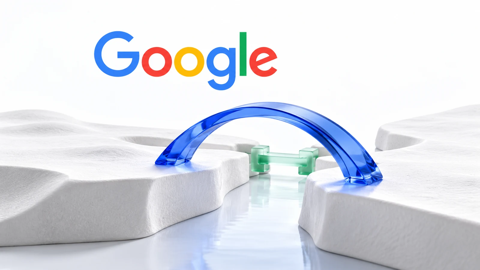 Google wordmark above a blue glass arch and a shorter mint glass link joining two white forms.