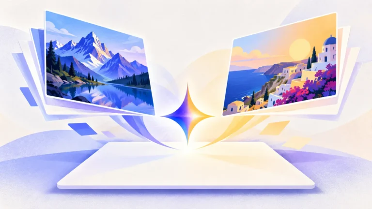 Mountain and coastal image cards flowing toward a central creative spark