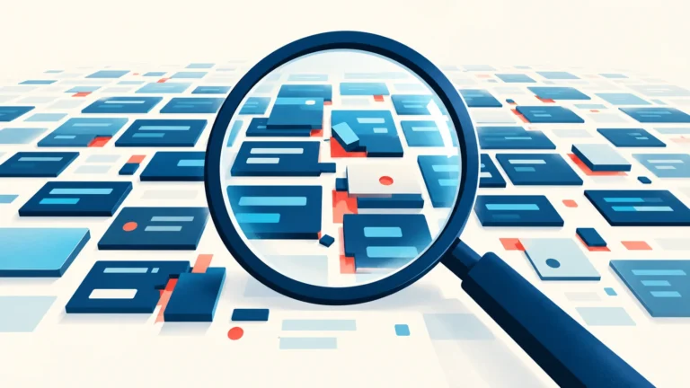 A magnifying glass reveals small defects across abstract code tiles