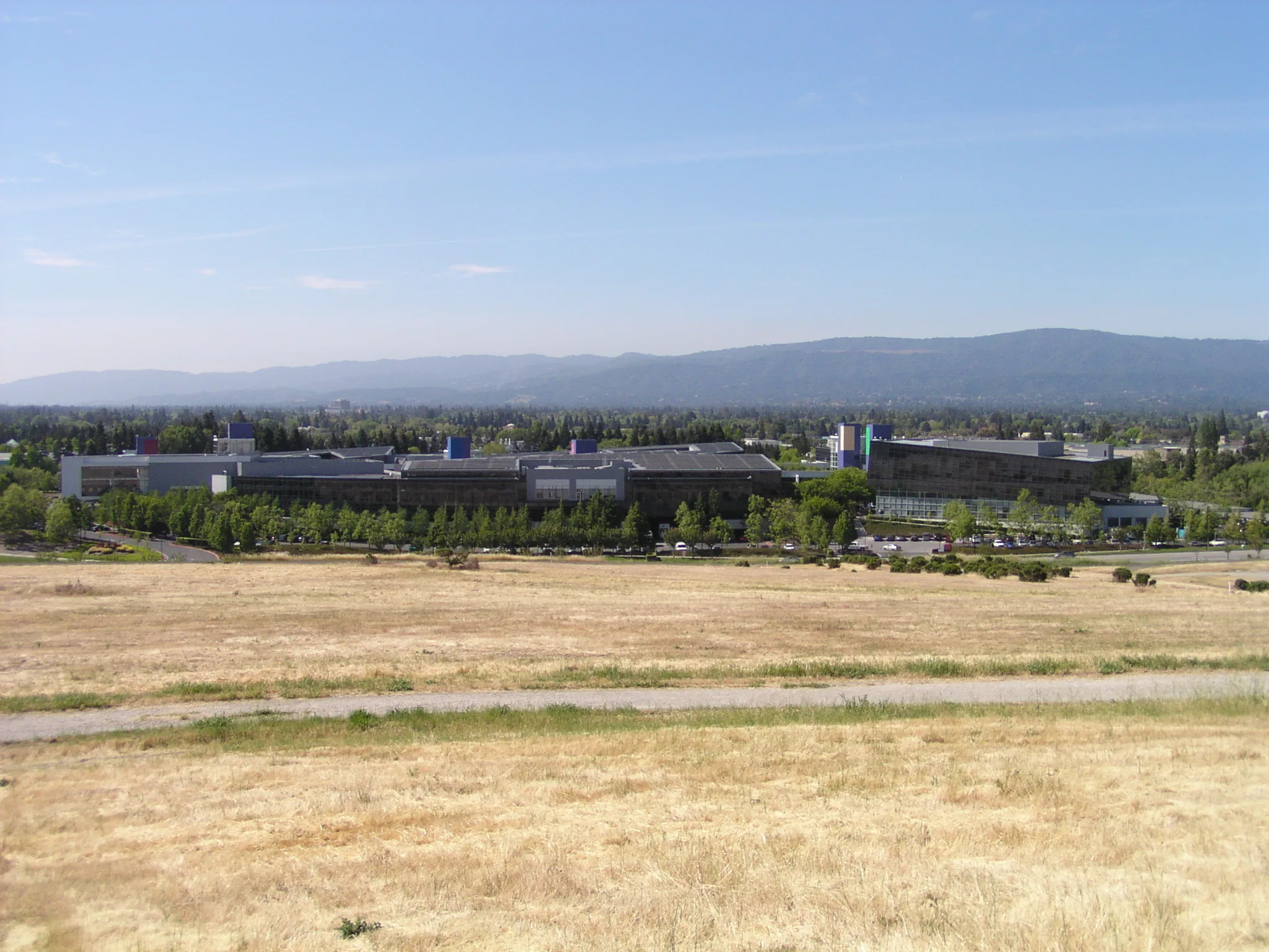 Google headquarters buildings in Mountain View photographed across an open field in 2009