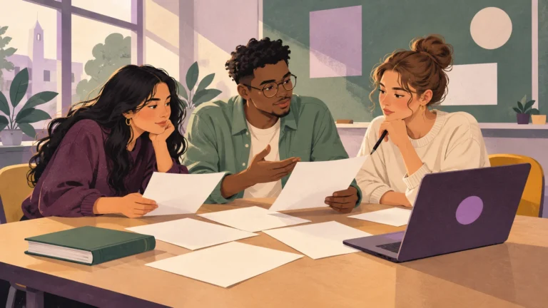 Three adult college students reviewing blank documents together at a classroom desk