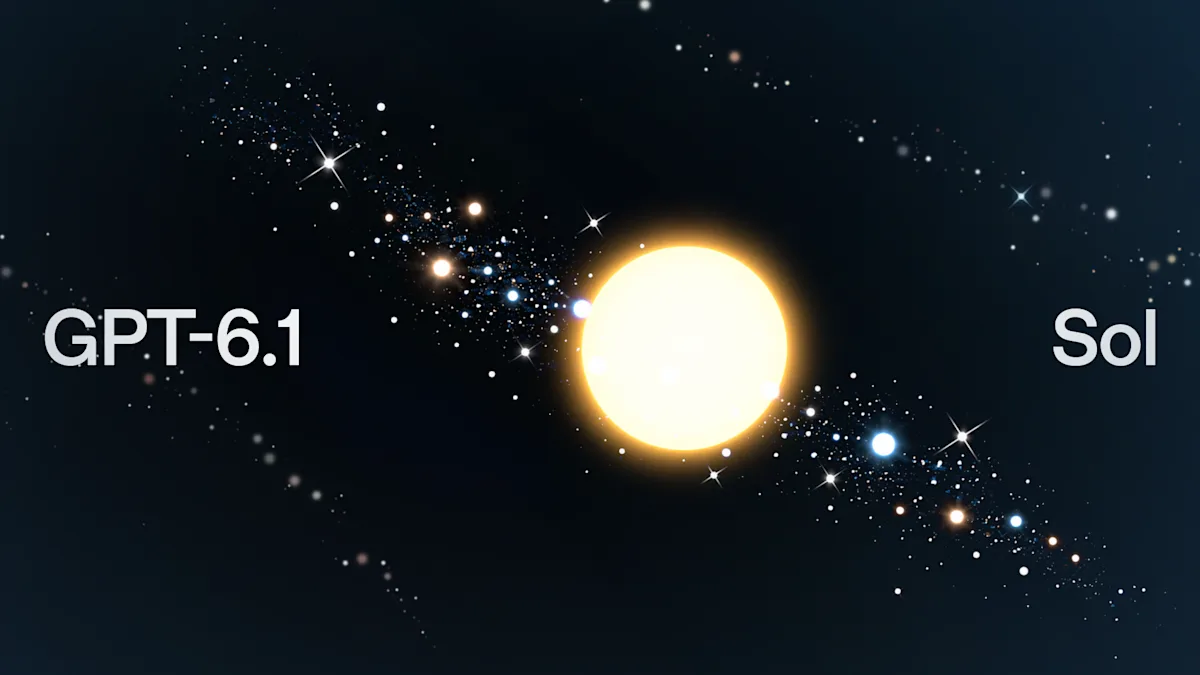 GPT 6.1 Sol launch artwork showing a bright sun and surrounding stars