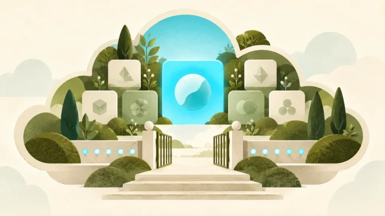 Olive and cyan cloud garden surrounding an abstract model tile with an open gate and small circular capacity markers