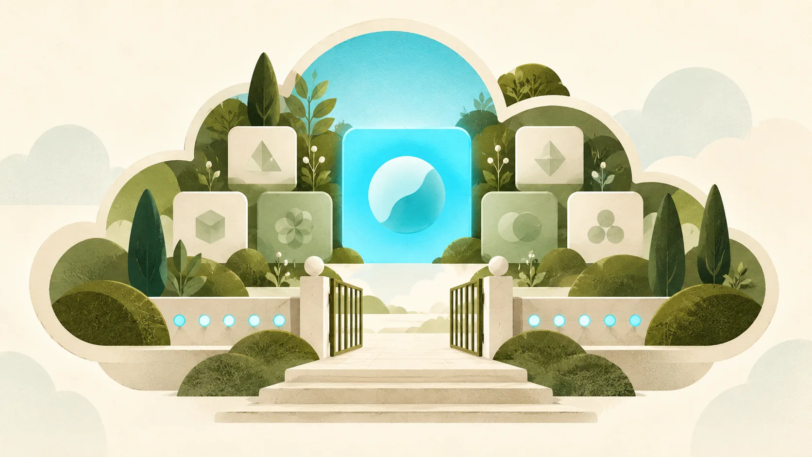 Olive and cyan cloud garden surrounding an abstract model tile with an open gate and small circular capacity markers