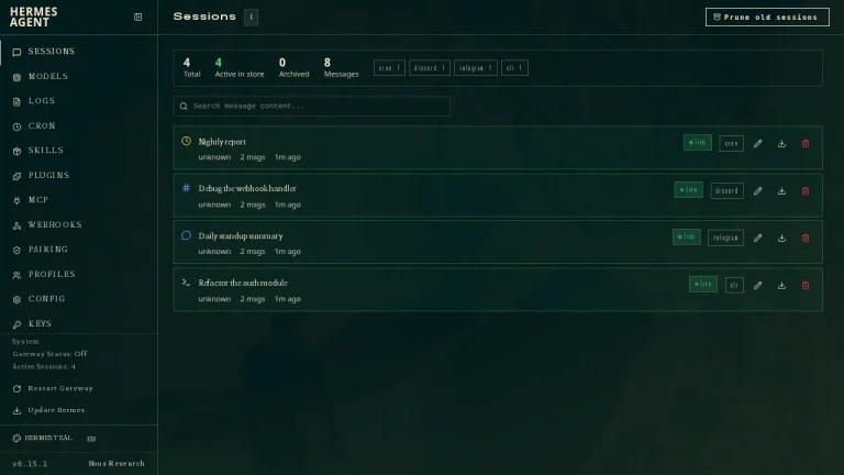 Hermes Agent dashboard showing four example sessions