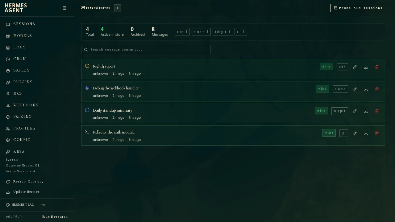 Hermes Agent dashboard showing four example sessions
