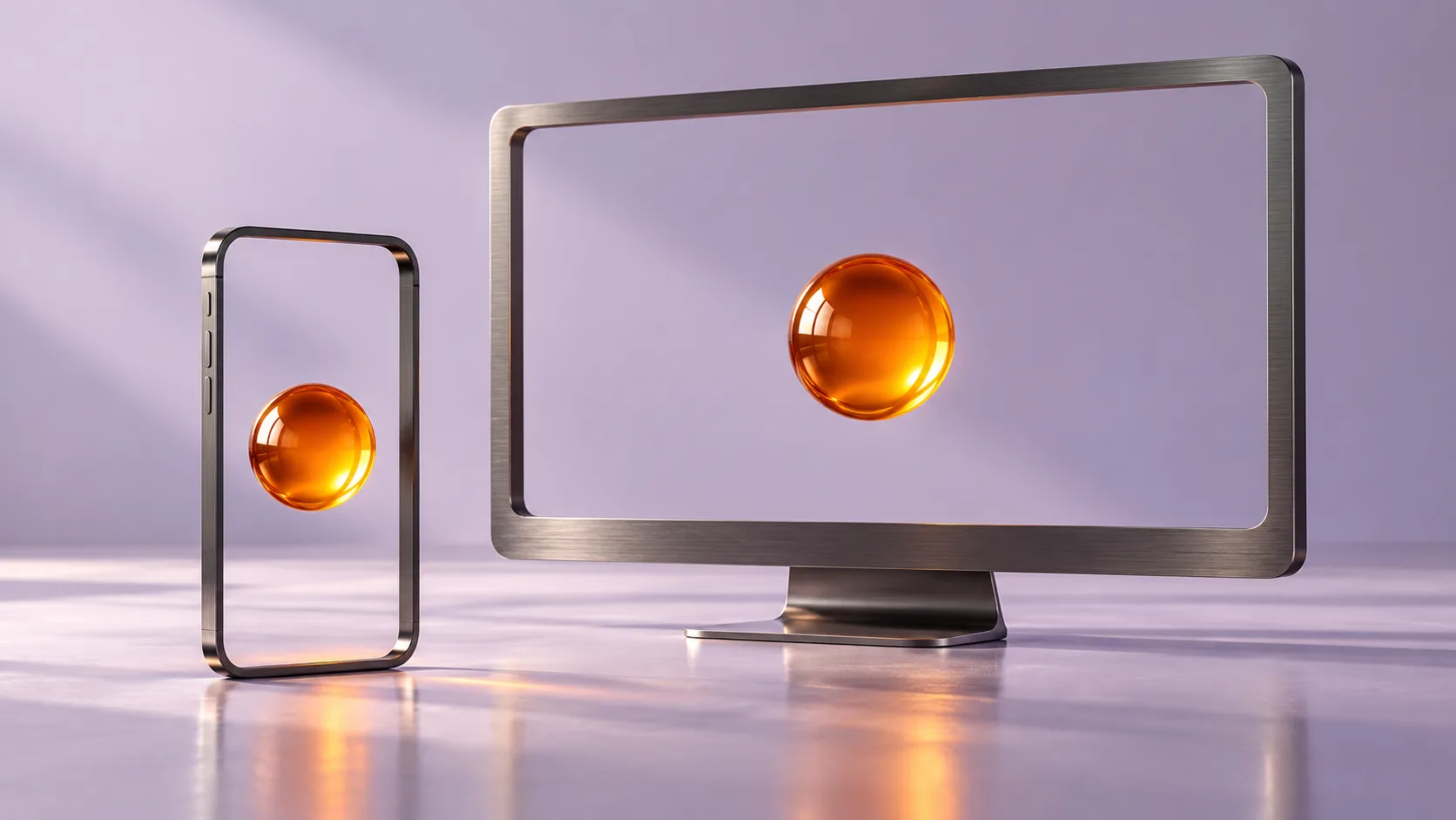 Unbranded metal phone and desktop frames each holding a glowing amber orb against a lilac background