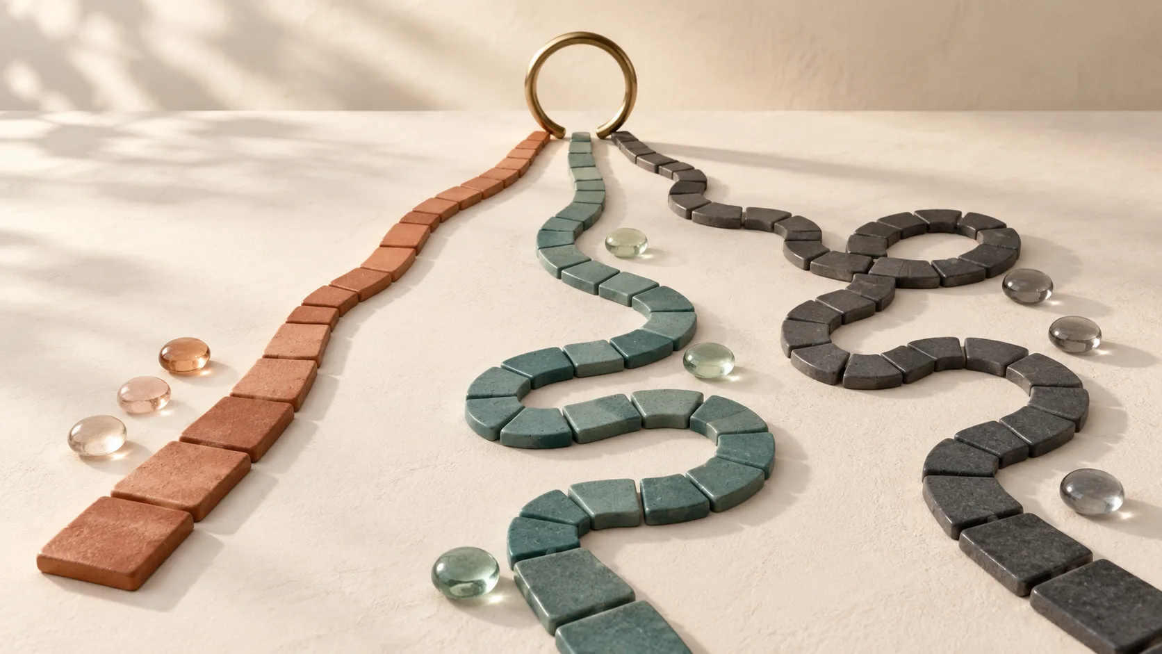 Terracotta teal and charcoal ceramic paths wind toward a brass ring with translucent glass counters on an ivory surface
