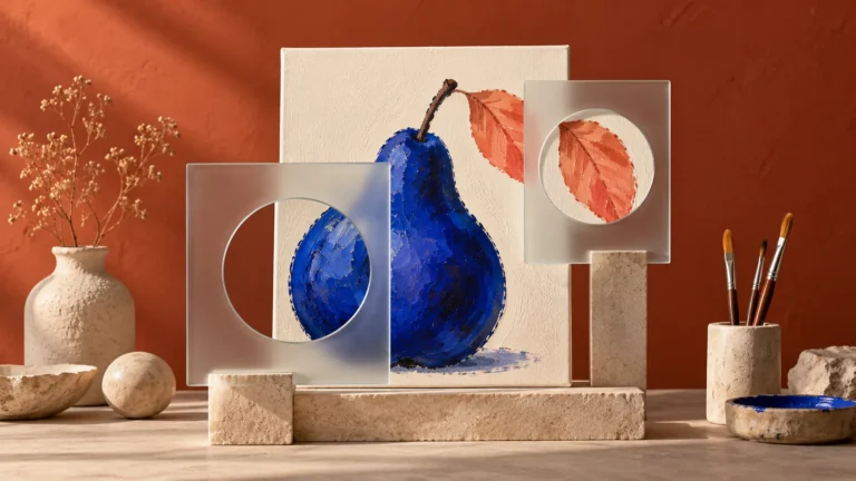A painted blue pear and coral leaf on an ivory canvas seen through two frosted glass inspection panels