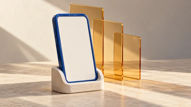 Cobalt blue phone sculpture in a stone cradle with three amber glass panels behind it