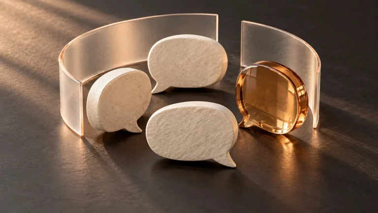 Three ivory speech bubbles and one amber glass speech bubble sit inside a curved open glass partition