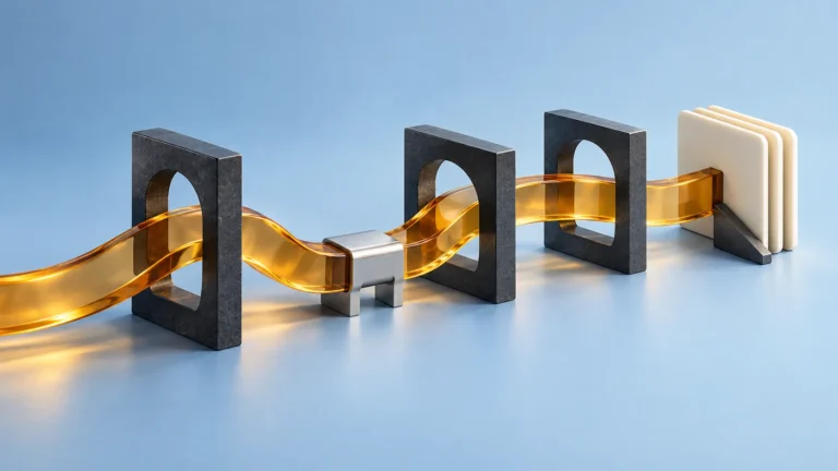 Amber glass ribbon passes through dark sculptural frames with an aluminum bridge and ivory cards on a pale blue surface