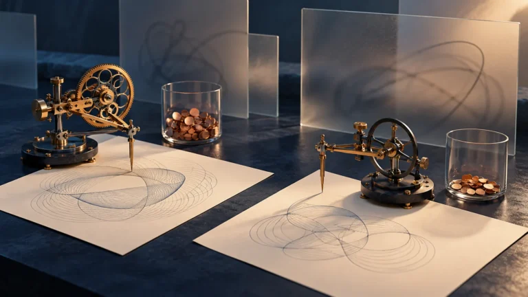 Two brass drafting mechanisms trace patterns on cream paper beside glass vessels of copper counters and frosted panels