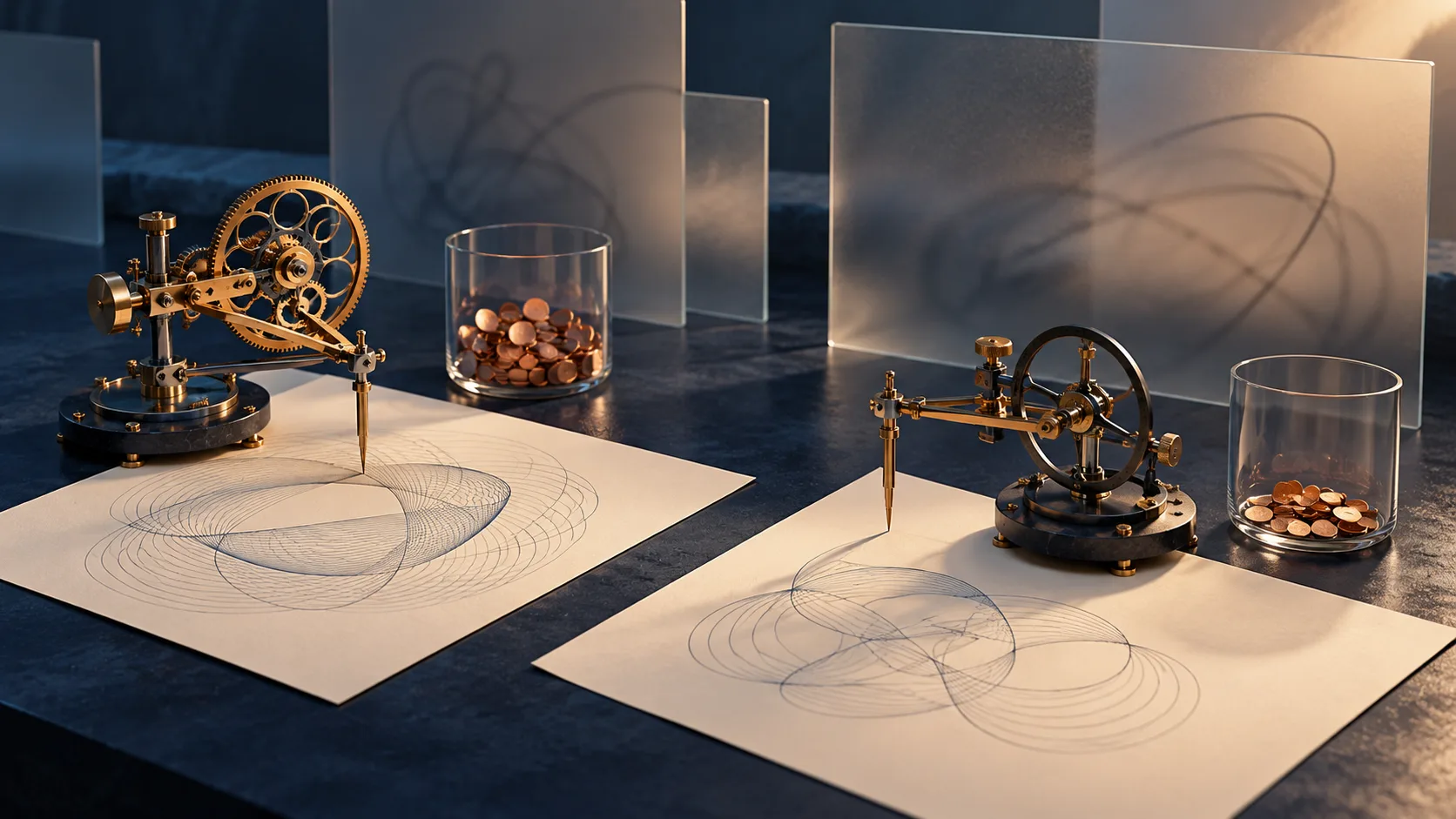 Two brass drafting mechanisms trace patterns on cream paper beside glass vessels of copper counters and frosted panels