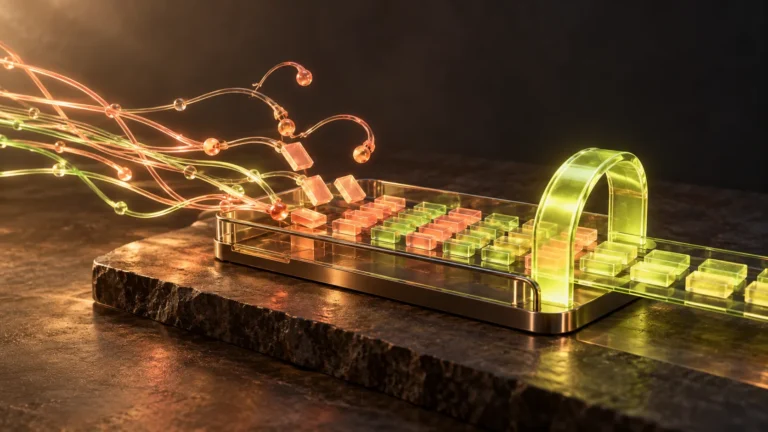 Glowing coral paths become orderly lime and coral glass tiles passing through a validation arch on a dark workstation