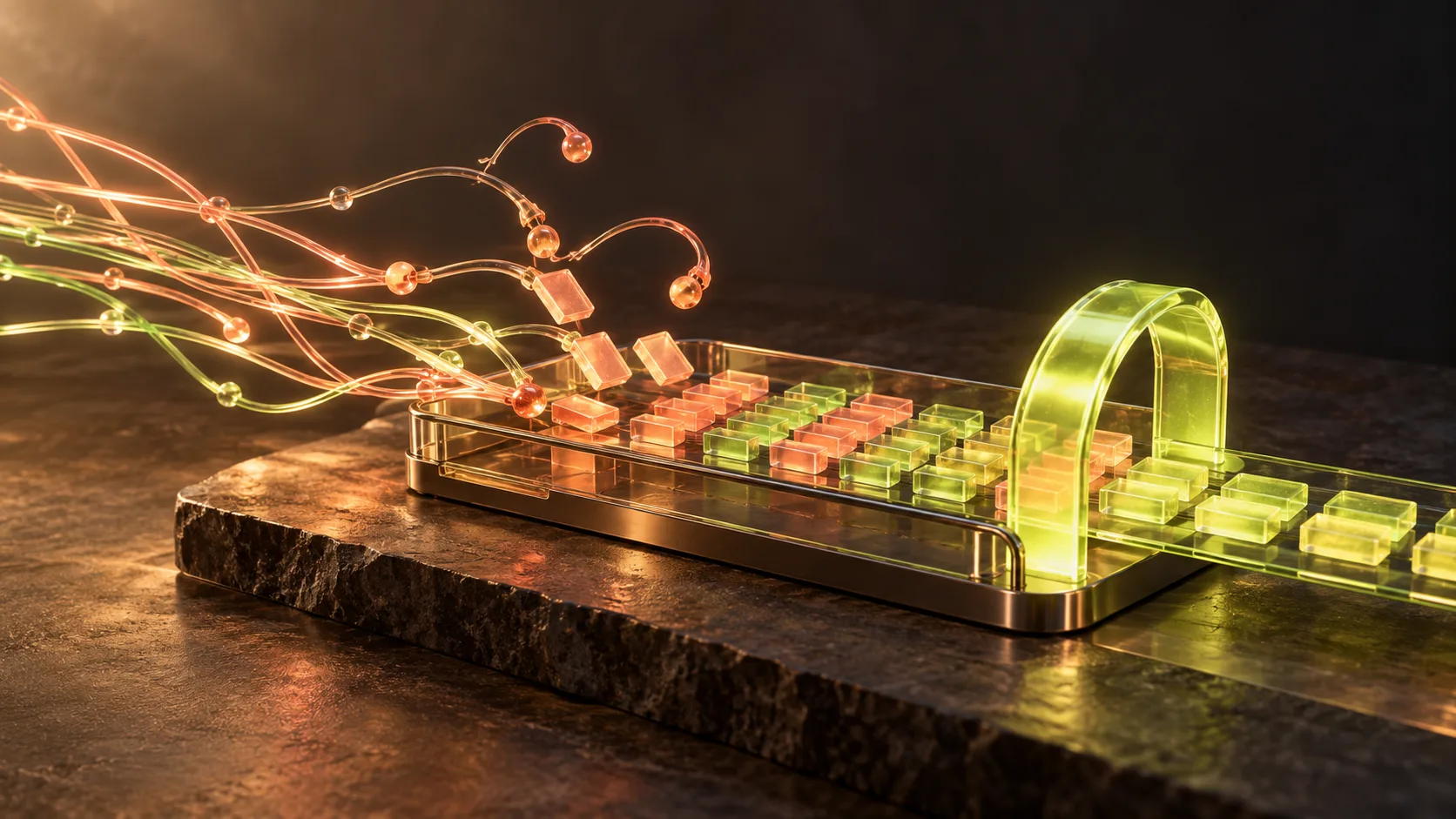 Glowing coral paths become orderly lime and coral glass tiles passing through a validation arch on a dark workstation