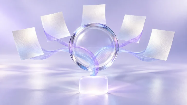 Violet and blue threads connect blank reference sheets through a transparent lens to a frosted answer tile