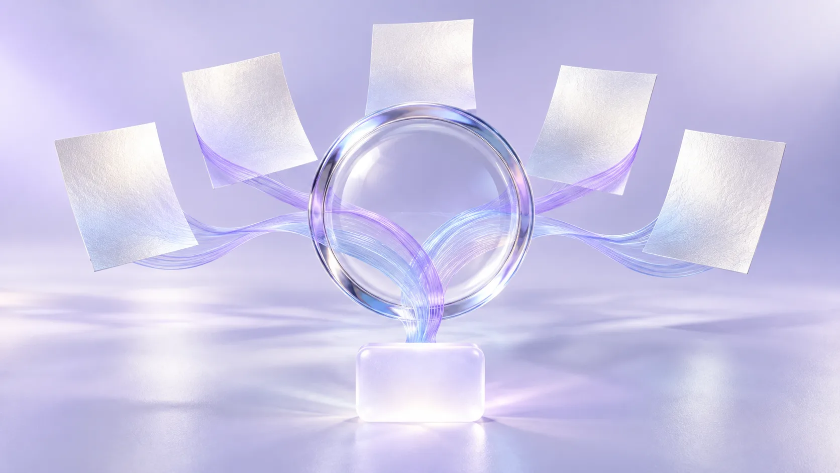 Violet and blue threads connect blank reference sheets through a transparent lens to a frosted answer tile