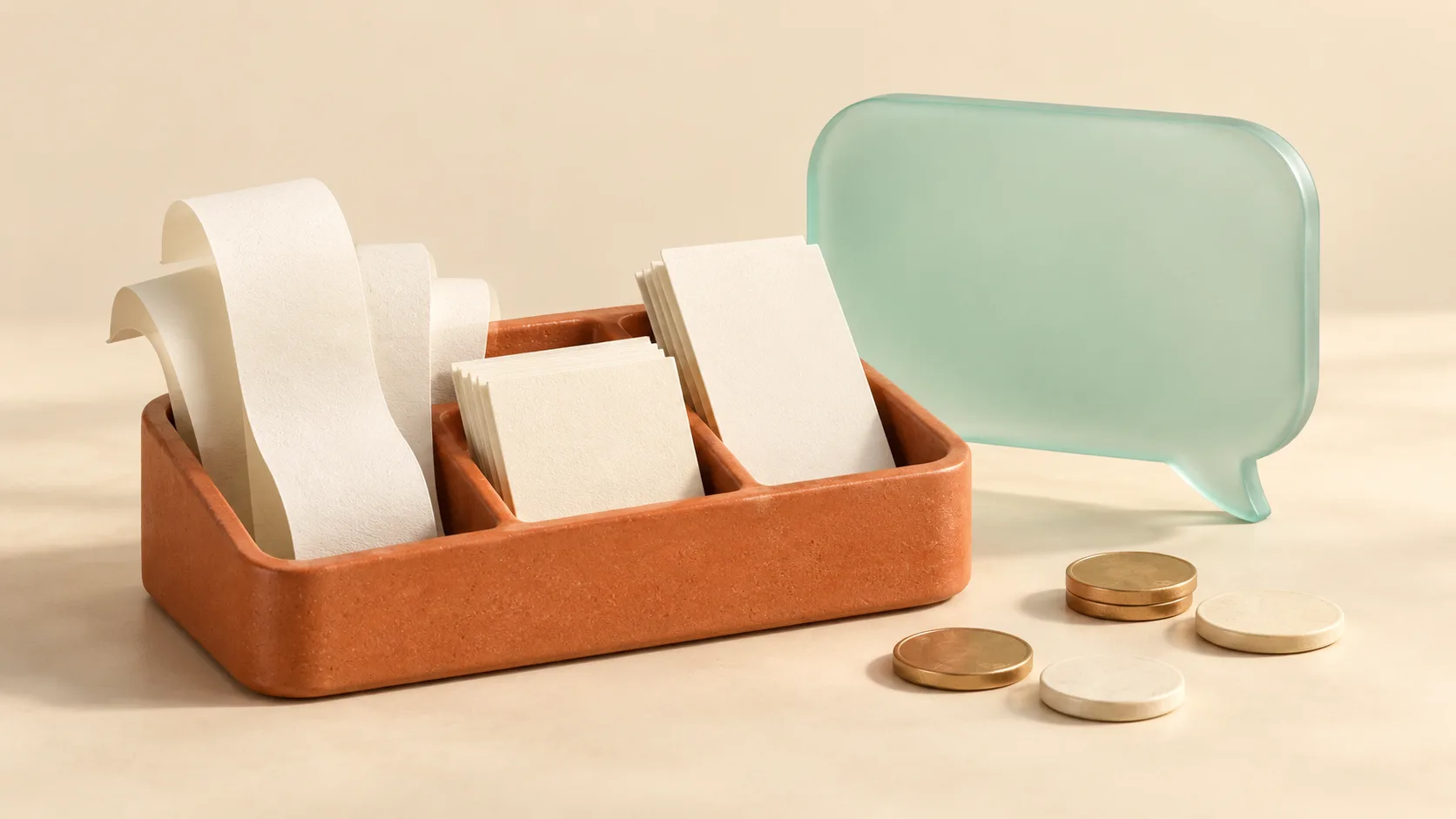 Terracotta organizer holding blank receipts and paper cards beside coin shaped disks and a frosted seafoam speech bubble