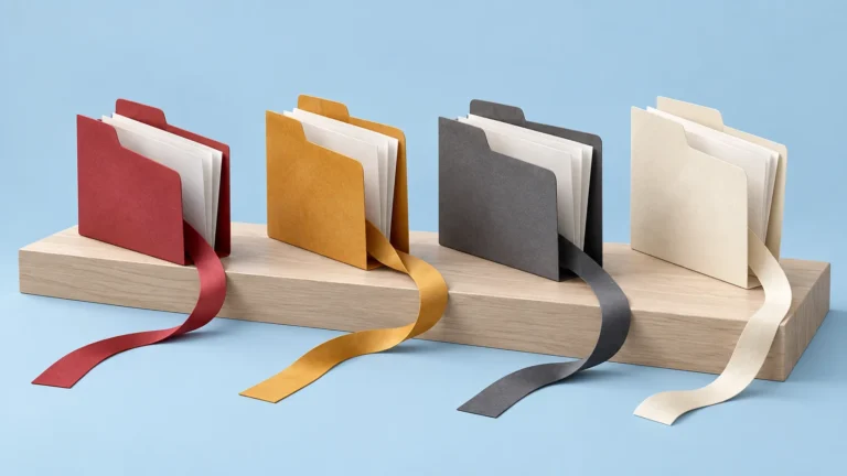 Four colored paper folders with blank pages and matching ribbons stand on one pale wooden platform