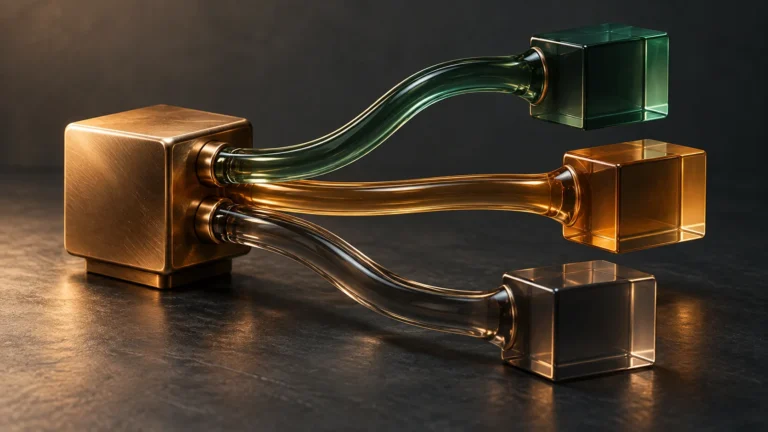 Bronze junction block connected by curved glass conduits to green amber and smoky glass cubes