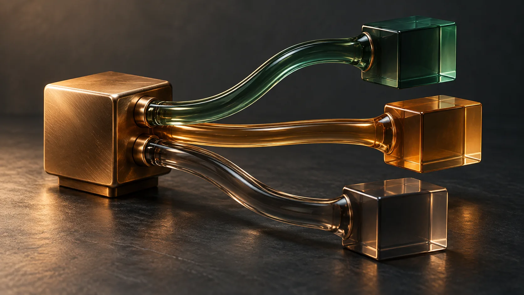 Bronze junction block connected by curved glass conduits to green amber and smoky glass cubes
