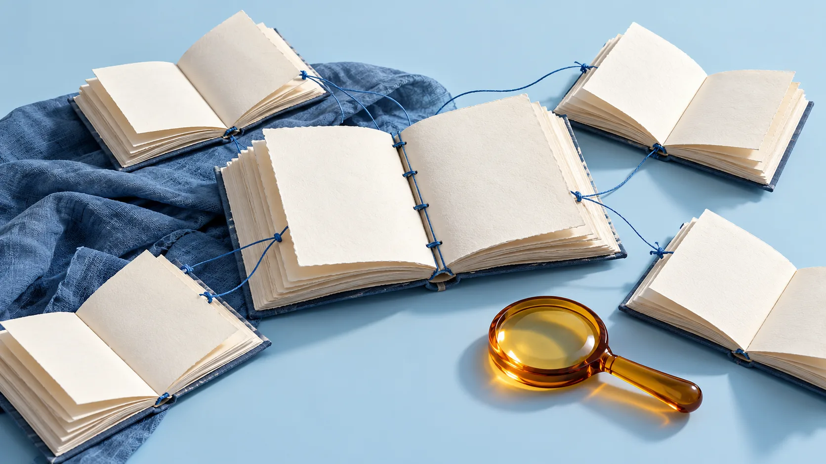Blank ivory research folios connected with blue threads beside an amber glass magnifying lens on a pale blue surface