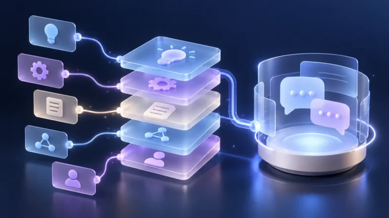 Layered blue and lilac instruction cards connect to a glowing conversation workspace