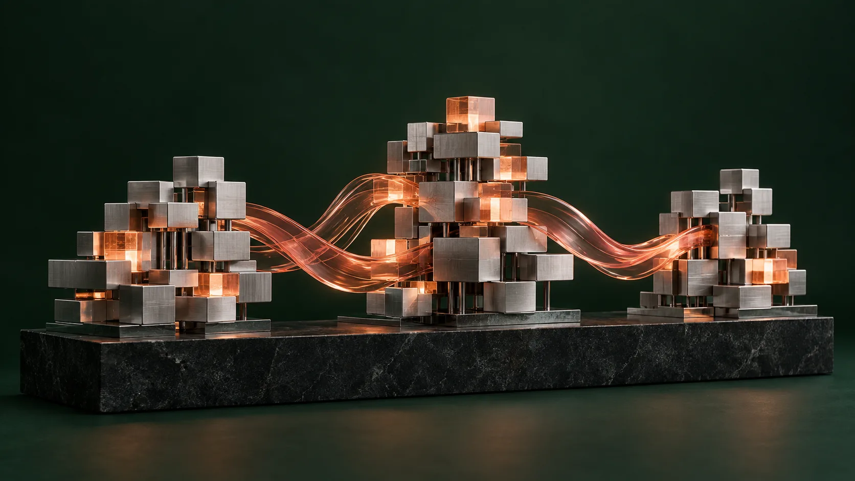 Three brushed metal module clusters connected by flowing coral glass ribbons on a dark stone base against forest green