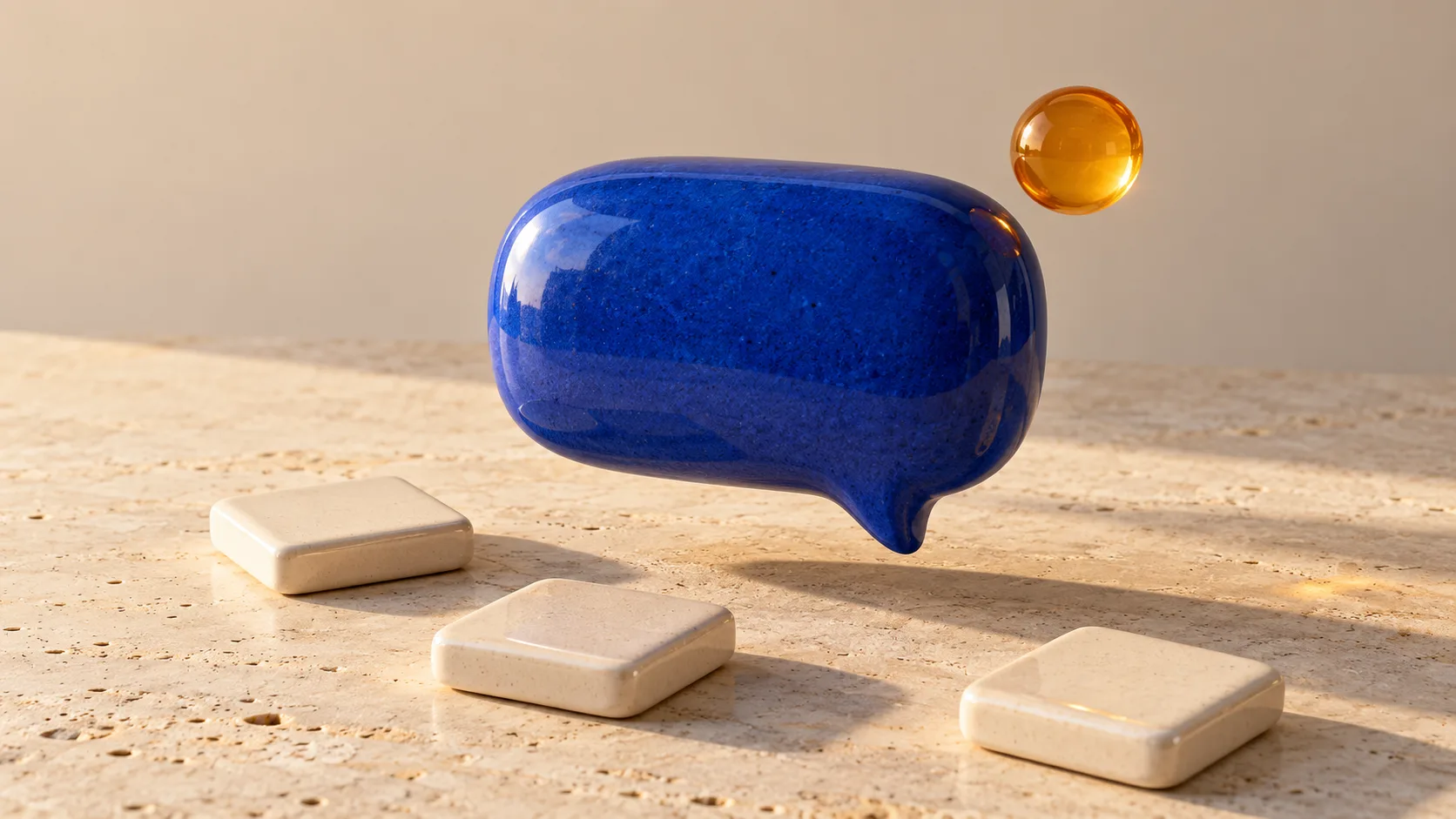 Blue ceramic speech bubble floating above blank ivory tiles with an amber glass notification orb