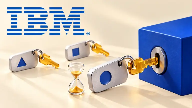 IBM eight-bar logo above separate metal identity tags, keys and an hourglass beside a blue access point.